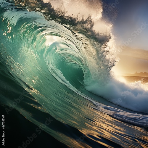 Big wave in the ocean.
Raging sea, surfing wave. Landscape of a water whirlpool. Concept: Dangers on the water, powerful water energy photo