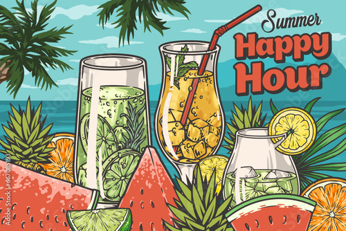 Beach cocktails colorful vintage poster