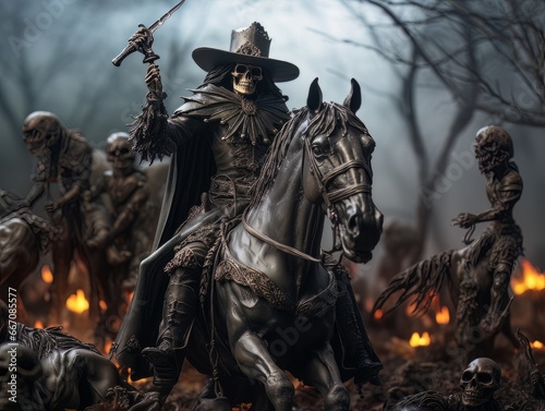 Black horseman skull of apocalypse riding black horse AI