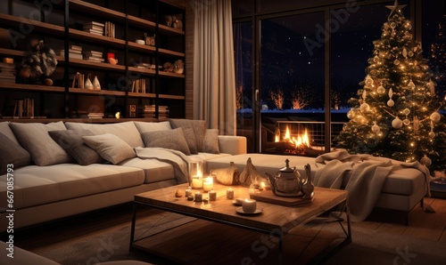 Photo of a cozy living room with warm lighting and stylish furniture © uhdenis