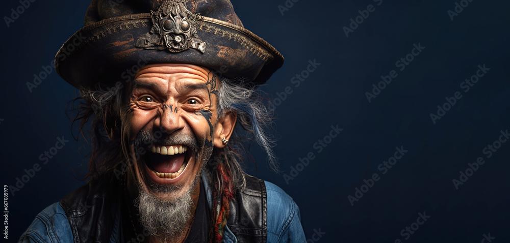 Fototapeta premium portrait of a happy smiling pirate captain in a hat on a blue background with copy space