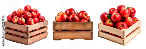Three wooden boxes full of delicious red apples over isolated transparent background