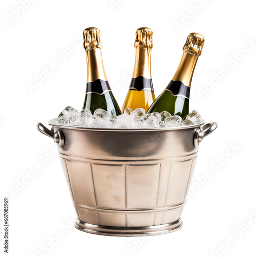 Three champagne bottles on a bucket full of ice over isolated transparent background