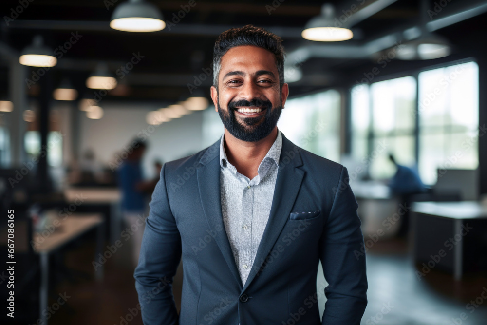 happy smiling indian business man looking at camera standing in office happy smiling indian business man looking at camera standing in office