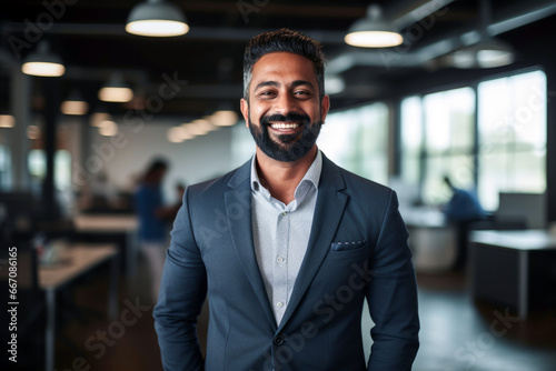 happy smiling indian business man looking at camera standing in office