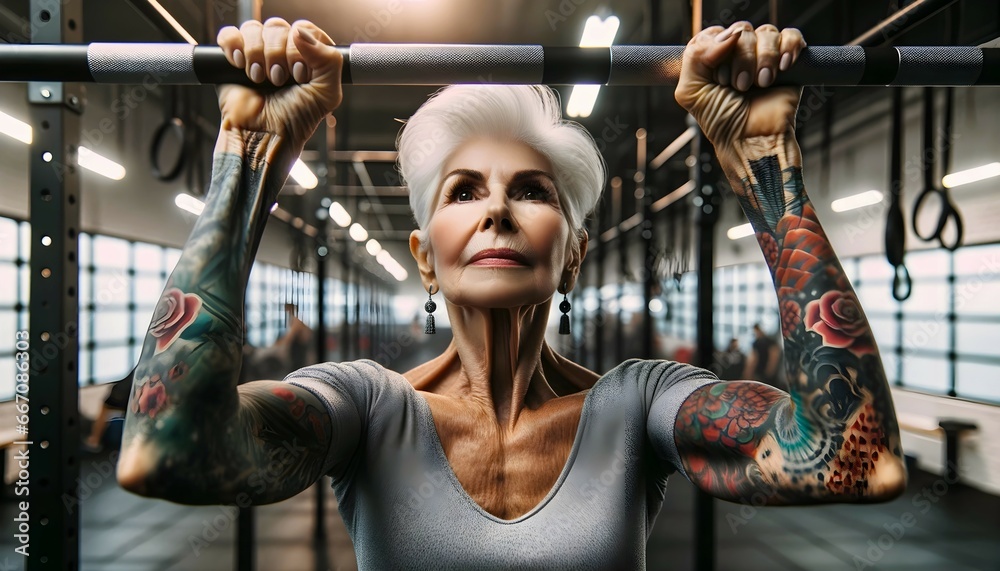 Portrait of elderly grey tattooed woman doing pull ups in the gym, active seniors background, healthy lifestyle concept