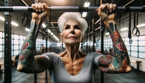 Obraz na płótnie Portrait of elderly grey tattooed woman doing pull ups in the gym, active seniors background, healthy lifestyle concept w salonie