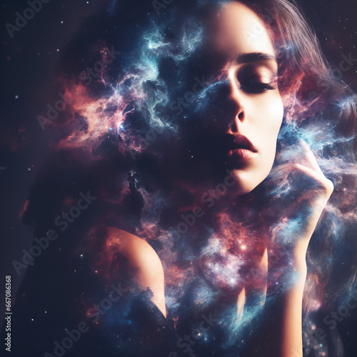 Double exposure photo, woman and universe blend together,galaxy, nebula,human and nature, peace of mind,abstract mentation,meditation,contemplative