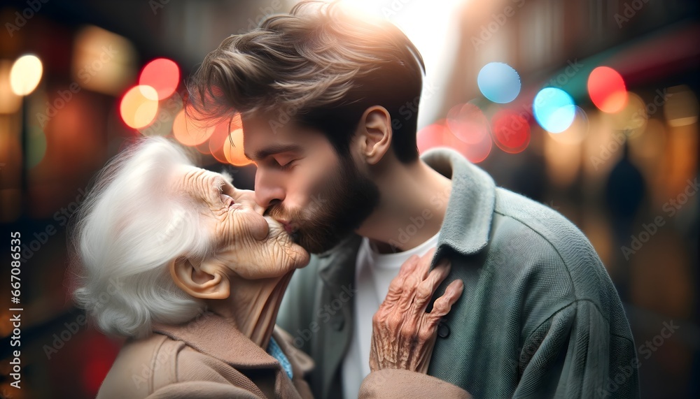 Old granny kissing young handsome man, age doesn't matter concept, love