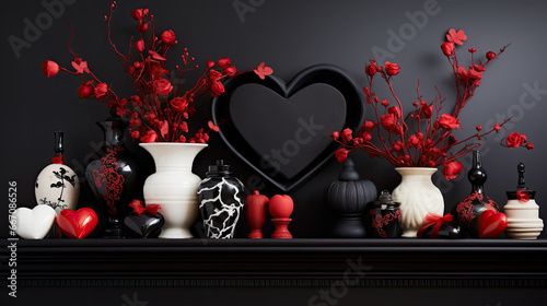 Valentine's Day arrangement with flowers, black and red,, beautifully decorated, background, card or gift photo