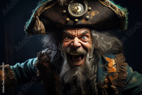 portrait of a funny old pirate captain in a hat on a dark background