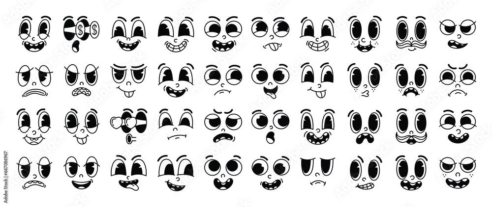 Set of 70s groovy comic faces vector. Collection of cartoon character faces, in different emotions, happy, angry, sad, cheerful. Cute retro groovy hippie illustration for decorative, sticker. - obrazy, fototapety, plakaty 