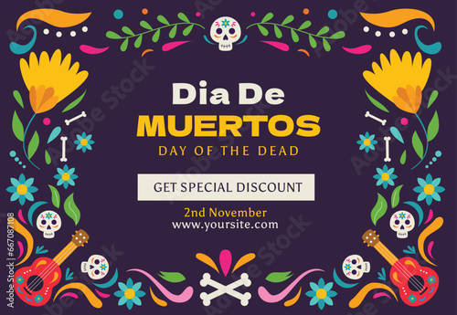 Dia de muertos horizontal flat illustration banner discount promotion. Day of dead Mexican festival celebration on november 2 for poster, social media design, greeting card, invitation, template, back