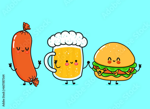 Cute, funny happy glass of beer, hamburger sausage. Vector hand drawn cartoon kawaii characters, illustration icon. Funny cartoon glass of beer, hamburger and sausage friends concept