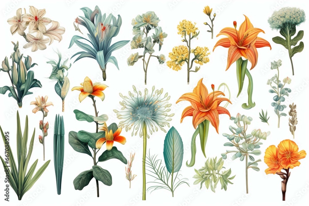 Illustration of various plants and flowers isolated on a see-through background. Generative AI