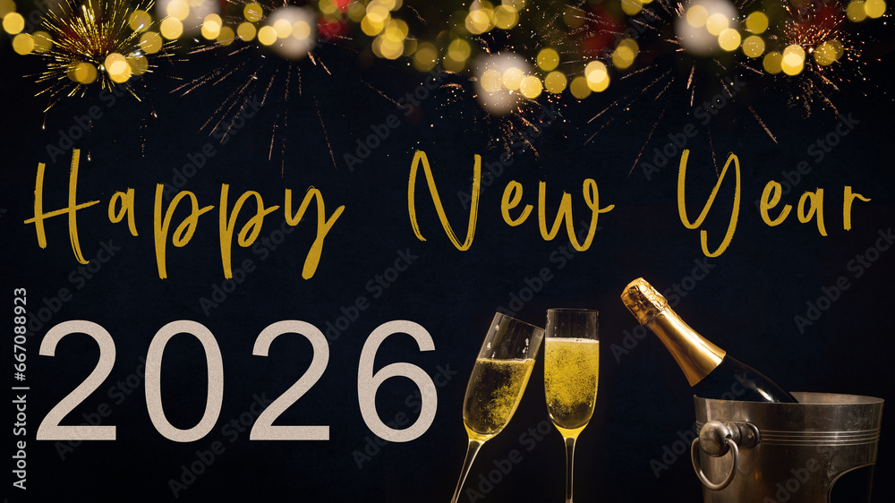 HAPPY NEW YEAR 2026 celebration holiday greeting card background with text Champagne or