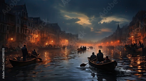Fishermen in the boat on the lake having beautiful scenery of city
