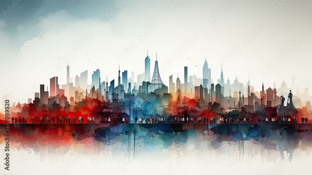 Hand made city with red and blue buildings on blue background