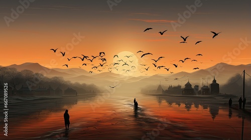 Landscape of a village with a lake in the middle and birds at sunset © Ali