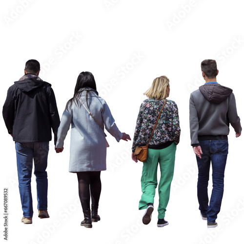 Obraz na plátně Groupe de quatre personnes, deux femmes et deux hommes vus de dos, marchant en a