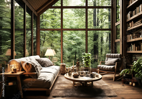 Rustic wooden cabin  with large windows that allow you to see the forest landscape. AI generated
