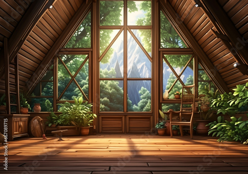Rustic wooden cabin, with large windows that allow you to see the forest landscape. AI generated