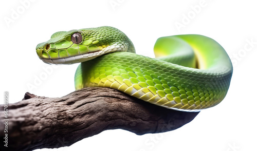 green snake on a tree branch. transparent background photo
