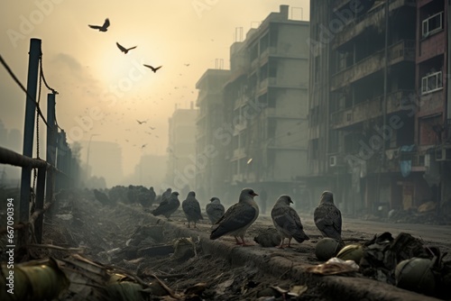 Pigeons moving through polluted air among garbage in an urban environment