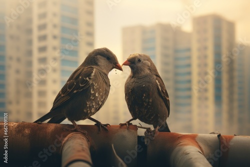 Sparrows surrounded by contaminated air in an urban environment