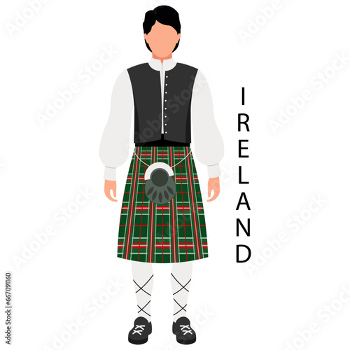 A man in an Irish folk tartan suit. Culture and traditions of Ireland. Illustration, vector