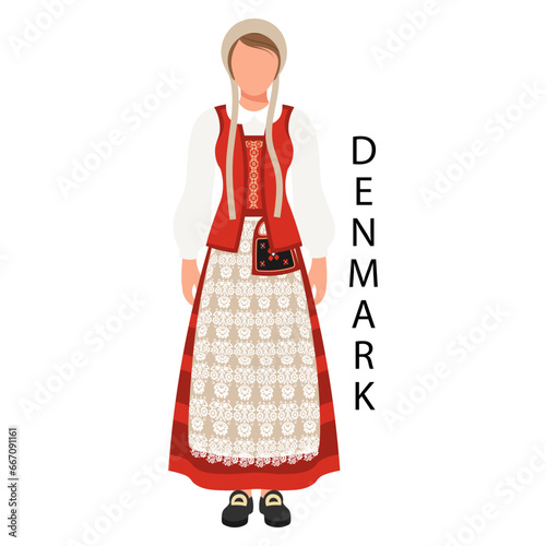 Woman in Danish folk costume and headdress. Culture and traditions of Denmark. Illustration, vector