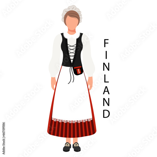 Woman in Finnish folk costume and headdress. Culture and traditions of Finland. Illustration, vector
