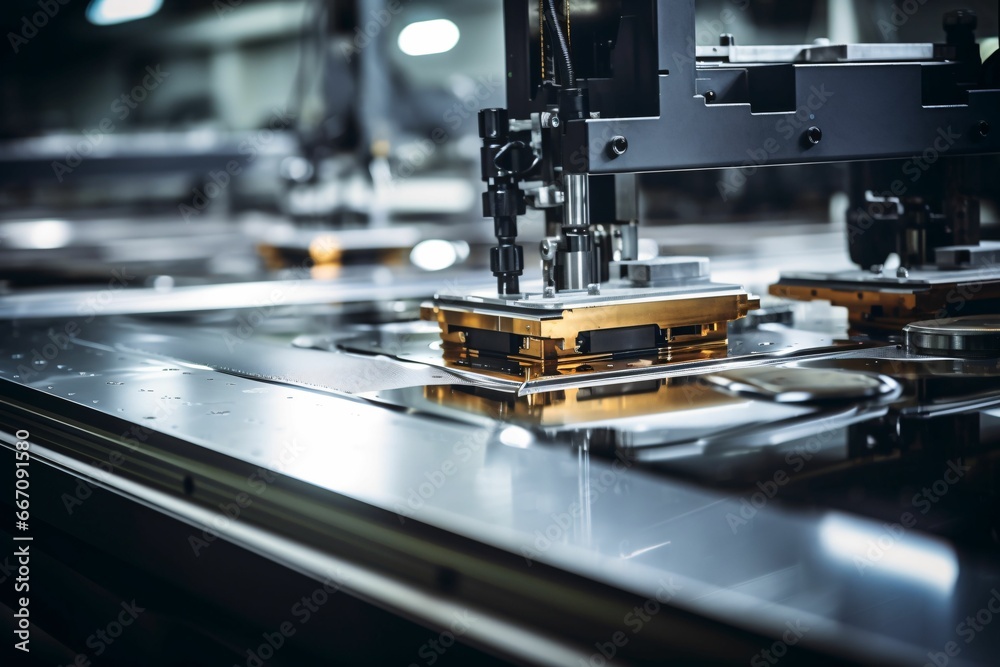 a sleek, polished metal surface on an assembly line, emphasizing its unblemished finish, while automated machinery operates with precision in the soft focus backdrop