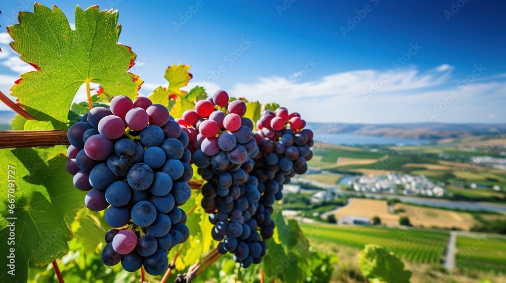 Picturesque summer agricultural landscape featuring vibrant rows of red grape vineyards under a blue sky, generative ai - obrazy, fototapety, plakaty 