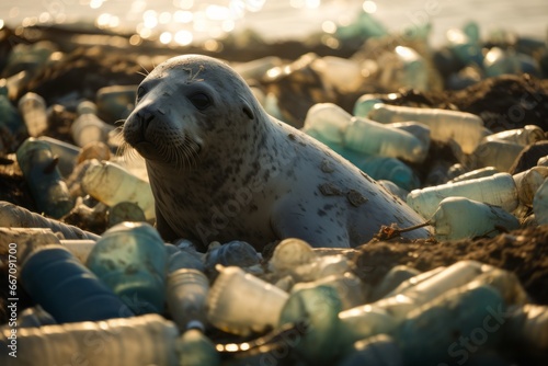 A seal in the middle of plastic garbage
