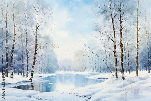 Forest landscape in winter with snow watercolor painting, Generative AI