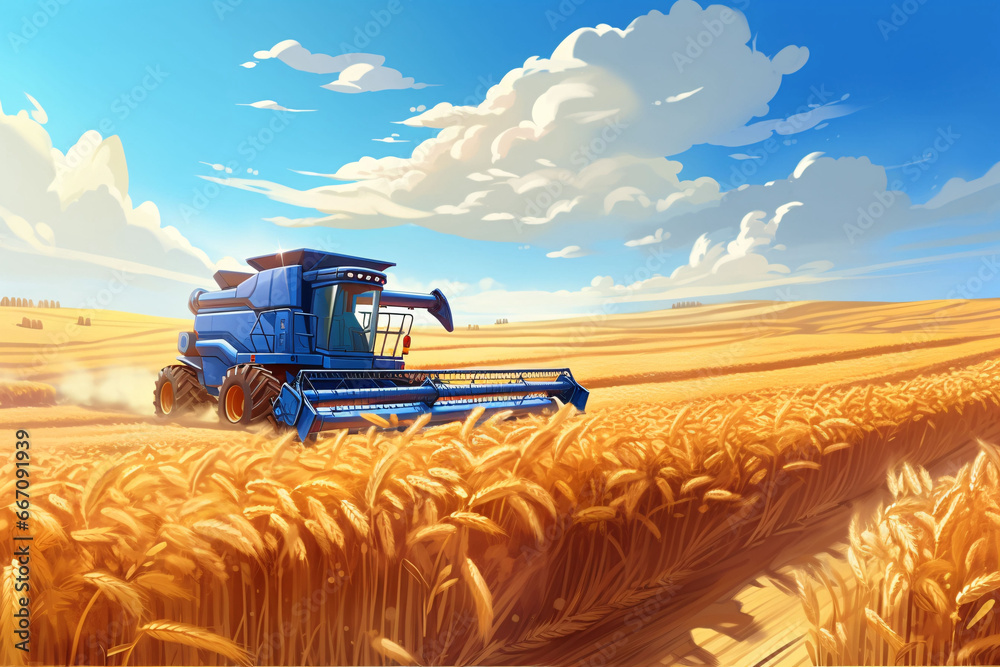 Fototapeta premium Harvesting grain with harvester in autumn, agricultural harvest concept illustration