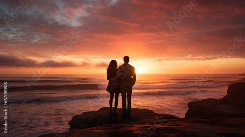 A picturesque shot embodying serenity showcases two people lovingly embracing as the sun rises over the sea.