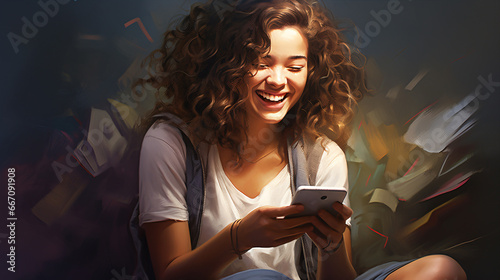 The girl, in a buoyant and mirthful frame of spirit, guffawed while perusing something entertaining on her cellular device.