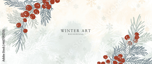 Winter botanical watercolor leaf branches background vector illustration. Hand painted watercolor foliage, berry, pine leaves, holly sprig, snowflakes. Design for poster, wallpaper, banner, card.