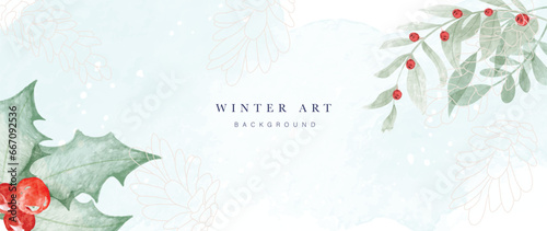 Winter botanical watercolor leaf branches background vector illustration. Hand painted watercolor foliage, berry, pine cones, holly sprig. Design for poster, wallpaper, banner, card, decoration.