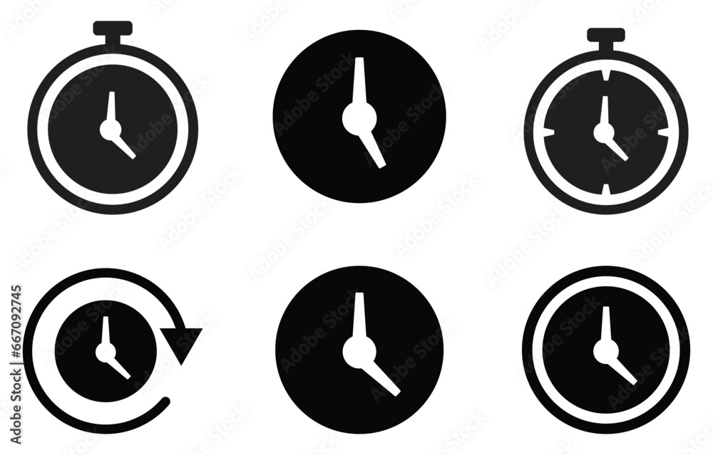 Clock icon in Basic straight flat style. Collection of vector symbol on white background. Vector illustration.