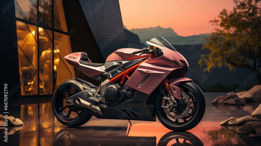 As the vibrant pink and sleek black motorcycle sits parked under the colorful sunset sky, its wheels glisten and the tire treads hint at the wild adventures it has taken As the vibrant pink and sleek black motorcycle sits parked under the colorful sunset sky, its wheels glisten and the tire treads hint at the wild adventures it has taken