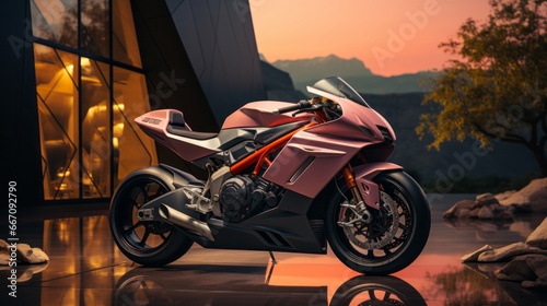 As the vibrant pink and sleek black motorcycle sits parked under the colorful sunset sky, its wheels glisten and the tire treads hint at the wild adventures it has taken photo