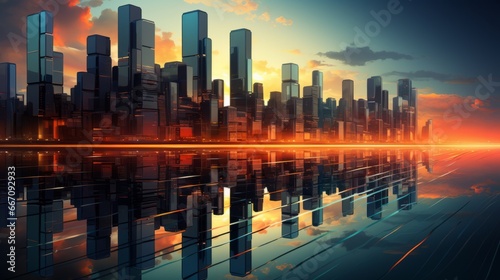 As the fiery sun dips below the horizon, the towering skyscrapers of the metropolis create a dazzling reflection on the rippling waters, painting a breathtaking cityscape of endless possibilities