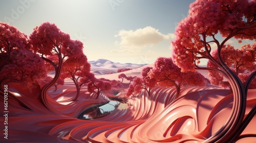 A dreamy anime-inspired painting of an ethereal landscape, filled with pink trees and shimmering river, under surreal infrared sky, surrounded by delicate flowers and peacefulness of great outdoors photo