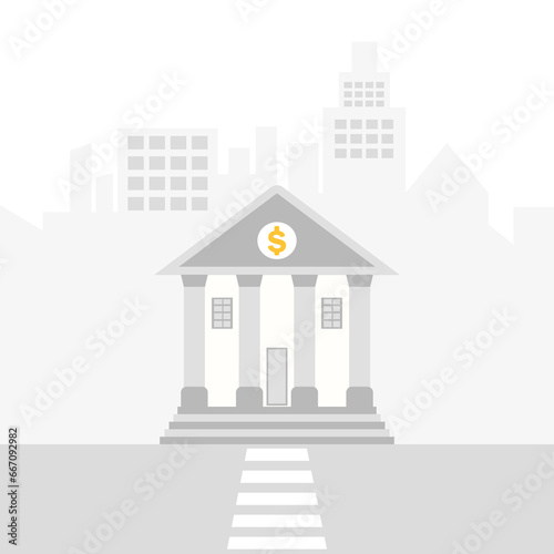 Bank building on street with the modern city background. Vector illustration. Flat style. photo