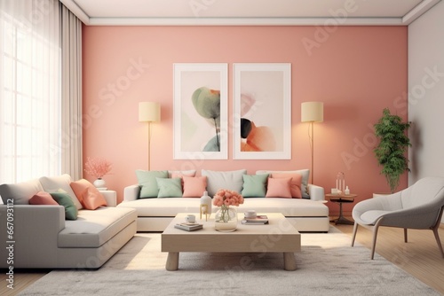 Living room with contemporary pastel hues. Generative AI © Farrah
