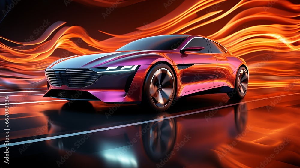 Obraz premium A sleek, fiery speed demon glides effortlessly across the sleek obsidian road, its powerful wheels devouring the distance with fierce determination and a touch of rebellion