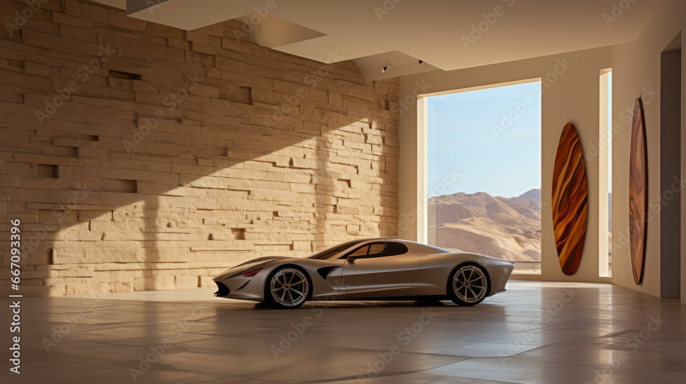 A sleek silver supercar stands proudly in an indoor room, its powerful wheels ready to transport you to new heights as you gaze out the large window at the world beyond the walls